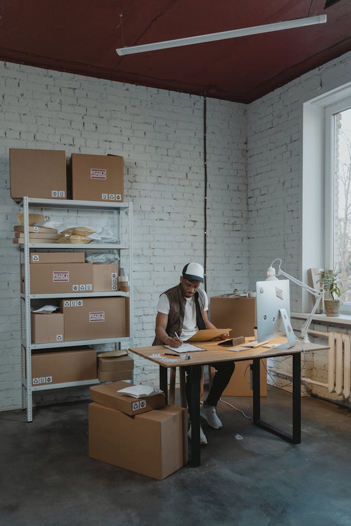 A young man in a cap organizing packages in a small warehouse office.
